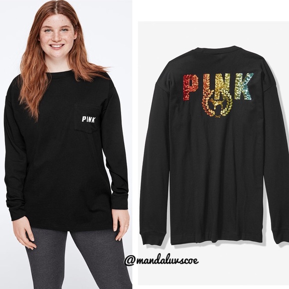PINK Victoria's Secret Tops - 🌈 💕VS PINK BLACK RAINBOW LOGO BLING CAMPUS TEE